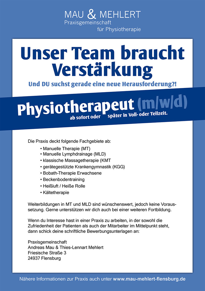 Stellenangebot - MAU & MEHLERT - Praxisgemeinschaft für Physiotherapie in 24937 Flensburg